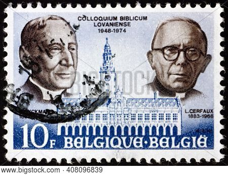 Belgium - Circa 1975: A Stamp Printed In Belgium Dedicated To The 25th Anniversary Of Louvain Bible 