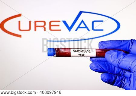 Madrid, Spain- February 14, 2021: Medical Worker Holding Test Tube With Blood Sample For Covid-19 Vi