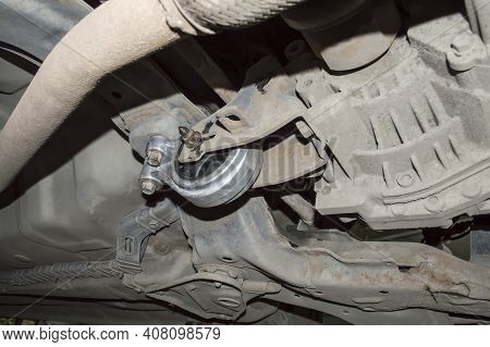 New Lower Transmission Support Installed On The Car In The Auto Repair Shop