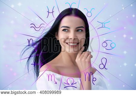 Beautiful Young Woman And Illustration Of Zodiac Wheel With Astrological Signs On Light Background