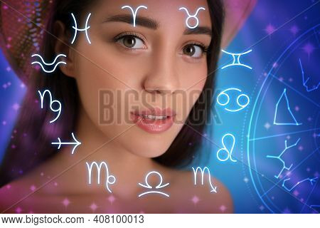 Beautiful Young Woman And Illustration Of Zodiac Wheel With Astrological Signs On Color Background
