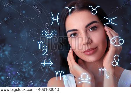 Beautiful Young Woman And Illustration Of Zodiac Wheel With Astrological Signs On Dark Background