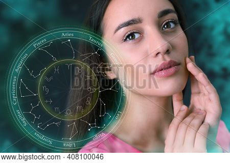 Beautiful Young Woman And Illustration Of Zodiac Wheel With Astrological Signs On Dark Background