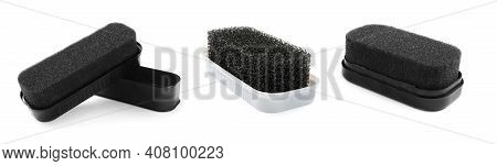 Sey With Shoe Sponges On White Background, Banner Design. Footwear Shine Item