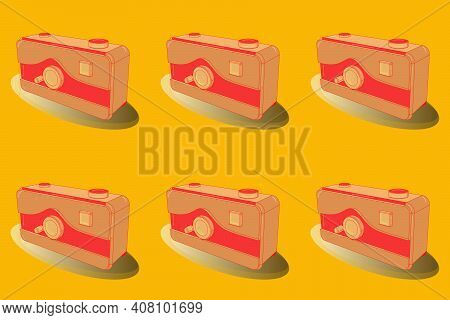 Old Camera. Retro Camera In A 3d Style On A Colored Background. Axonometry. Raster.