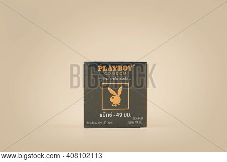 Samut Prakan, Thailand - February 15, 2021 : A Box Of Playboy Condom Size 49 Mm. Playboy Brands Of C