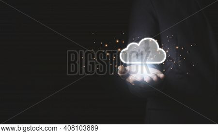 Hand Holding To Virtual Artificial Intelligence With Cloud Computing Technology Transformation And I