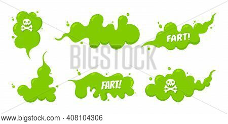 Smelling Green Cartoon Fart Cloud Flat Style Design Vector Illustration With Text Fart Set. Bad Stin