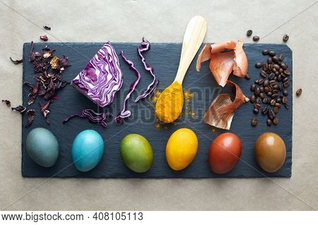 Natural Dye For Easter Eggs - Carcade, Red Cabbage, Turmeric, Onion Skin And Coffee. Homemade Colore