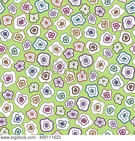 Seamless Pattern, Polka Dot. Small Flowers Texture On Green Background. Hand Drawn Fabric, Gift Wrap