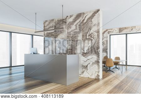 Empty Office, Reception Desk With Computer And Marbel Wall. Panoramic Window, Meeting Conference Roo