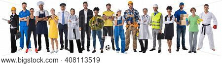 Full Length Portrait Of Group Of People Representing Diverse Professions Of Business, Medicine, Cons