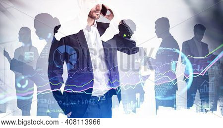 Group Of Businesspeople Working On Project. Ceo On Foreground Is Conducting Conference Call Using Sm