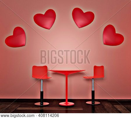 3d Rendering Valentines Day Background Mock Up, Love Shape, Chair, Table. Pink, Red, Silver And Whit