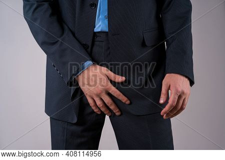 Urological Genital Infections Concept, Pain In Prostate, Office Worker Suffering From Prostatitis Or