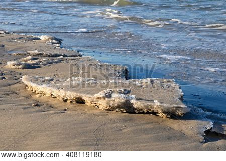Frozen Shore Of The Beach In Debki Village. Northern Poland. Baltic Sea