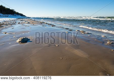 Frozen Shore Of The Beach In Debki Village. Northern Poland. Baltic Sea