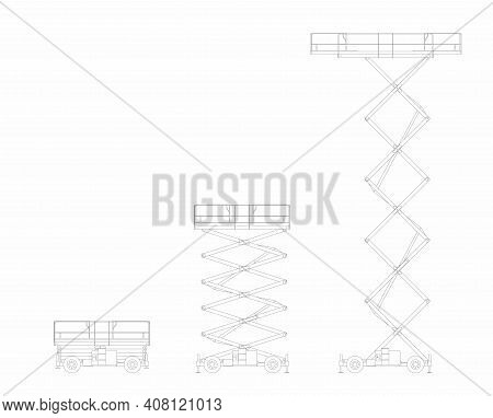 Set Of Vector Sketches Of Lifting Platform Scissors Isolated On White Background.