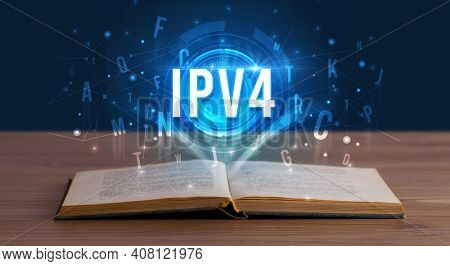 IPV4 inscription coming out from an open book, digital technology concept