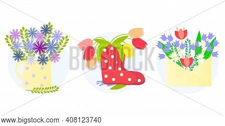 Beautiful Spring Flowers Set. Tulips In A Rubber Boots, Spring Flowers In The Envelope And Cornflowe