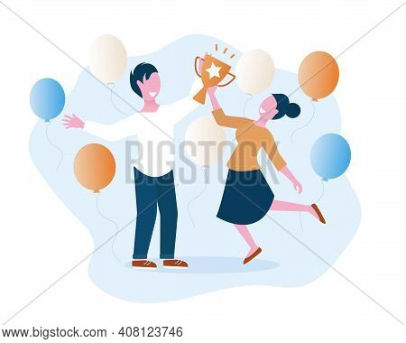 Man And Woman Are Holding Award Cup. Winning, Goal Achievement, Celebration Flat Vector Concept Cart