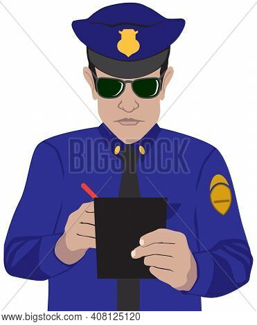 A Uniformed Police Office Is Making Out A Ticket To An Offender