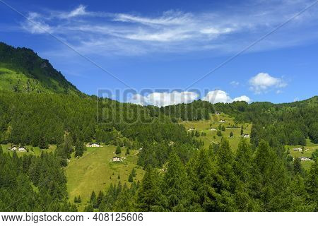 Mountain Landscape At Summer Along The Road To Mortirolo Pass, In Brescia Province, Lombardy, Italy