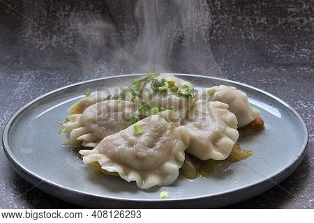 Hot Steaming Dumplings On A Pillow Of Fried Onion, Carbohydrates On A Plate, Dumpling Dough, Hot Dum