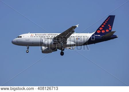 Budapest, Hungary - March 9, 2020: Brussels Airlines Airbus A319 Oo-sse Passenger Plane Arrival And 