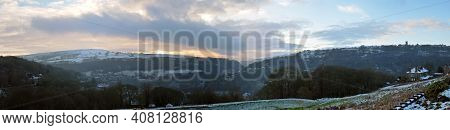 Wide Panoramic View Of The Calder Valley Above Hebden Bridge In Winter With Snow Covered Fields And 