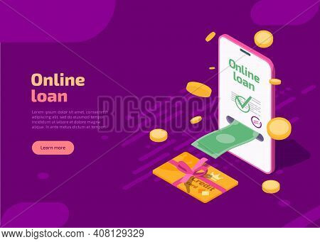 Online Loan Banner. Vector Landing Page Of Banking Credit Online Service With Isometric Smartphone, 