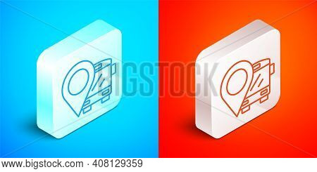 Isometric Line Location With Bus Icon Isolated On Blue And Red Background. Transportation Concept. B