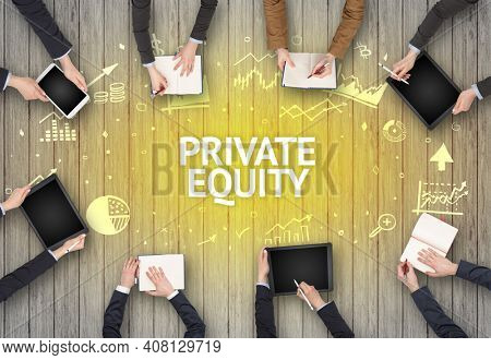 Group of Busy People Working in an Office with PRIVATE EQUITY inscription, succesfull business concept
