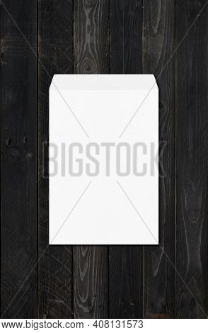 Large A4 White Enveloppe Mockup Template Isolated On Black Wood Background