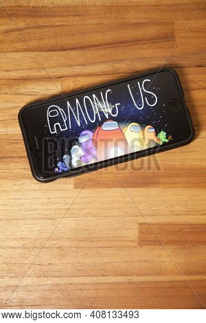 São Paulo, Brazil. Feb 06, 2021: Among Us Application Ready To Start. Game Concept. App Concept