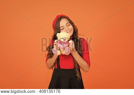Love Forever. Happy Girl Cuddle Teddy Bear. Love You Inscription. Little Child Got Valentines Gift. 