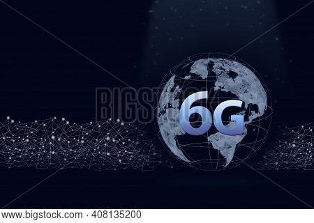 Low Poly Planet Earth Hologram With Text 6g On Dark Blue Background, Global Network And 6g Network C
