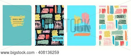 Set Of Cover Page Vector Templates With Multicolored Paint Stripes, Brushstroke Effect. Based On Sea