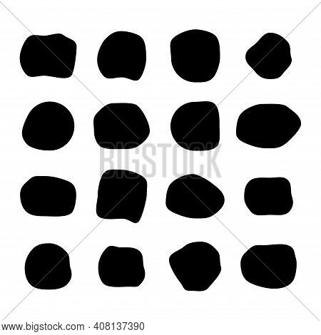 Set Of Abstract Ink Blotch, Round Liquid Blot Inkblot Shape. Freskle Pebble. Deform Random Smooth Ve