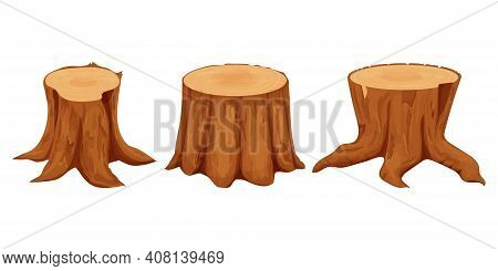 Set Of Tree Stumps Detailed, Textured In Cartoon Style Isolated On White Background Stock Vector Ill