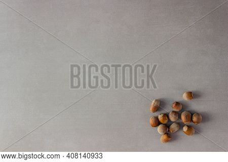 A Handful Of Hazelnuts In The Lower Right Corner Of The Photo. On A Gray Background.