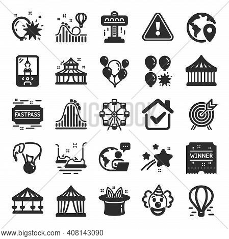 Amusement Park Icons. Set Of Carousel, Roller Coaster And Circus Icons. Air Balloon, Crane Claw Mach