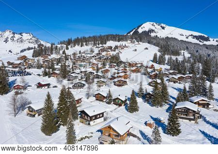 Winter in the swiss alps, Arvenbuel village near Amden canton of St. Gallen in , Switzerland