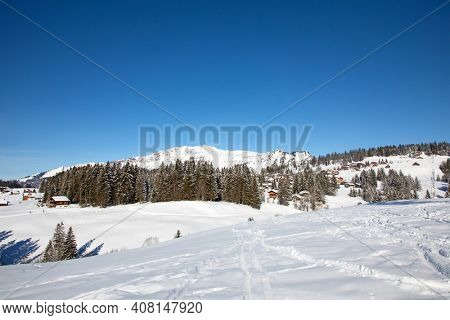 Winter in the swiss alps, Arvenbuel village near Amden canton of St. Gallen in , Switzerland