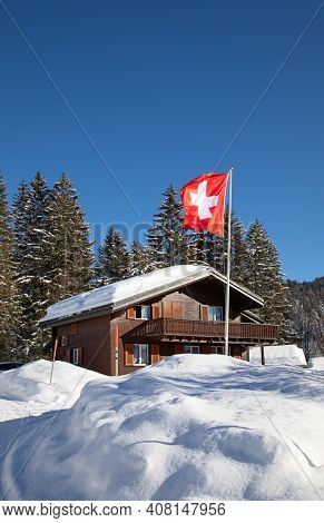 Winter in the swiss alps, Arvenbuel village near Amden canton of St. Gallen in , Switzerland