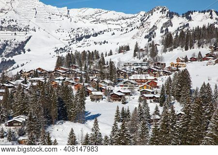 Winter in the swiss alps, Arvenbuel village near Amden canton of St. Gallen in , Switzerland