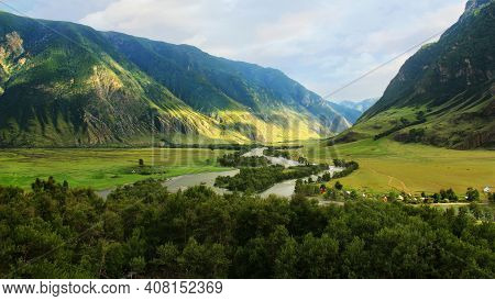 Alpine Gorge In Summer, Green Rocky Mountain Slopes, The Chulyshman River Flows Through The Valley O