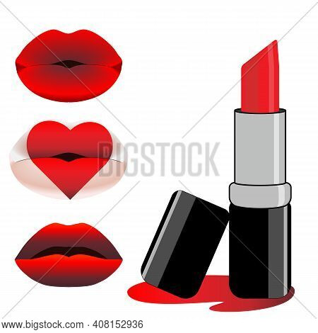 Red Lipstick. Printed Lips. Flat Vector Illustration.