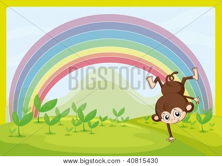 Illustration eines tanzenden Affen und ein Regenbogen in einer wunderschönen Natur