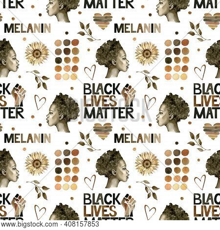 Black Lives Matter Illustration. Watercolor Seamless Pattern With A Brown Strong Fist, African Woman